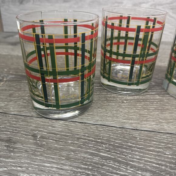 Georges Briard Rocks Glass Double Old Fashioned Red Green Gold Plaid 12oz~4 Pc - Picture 3 of 10